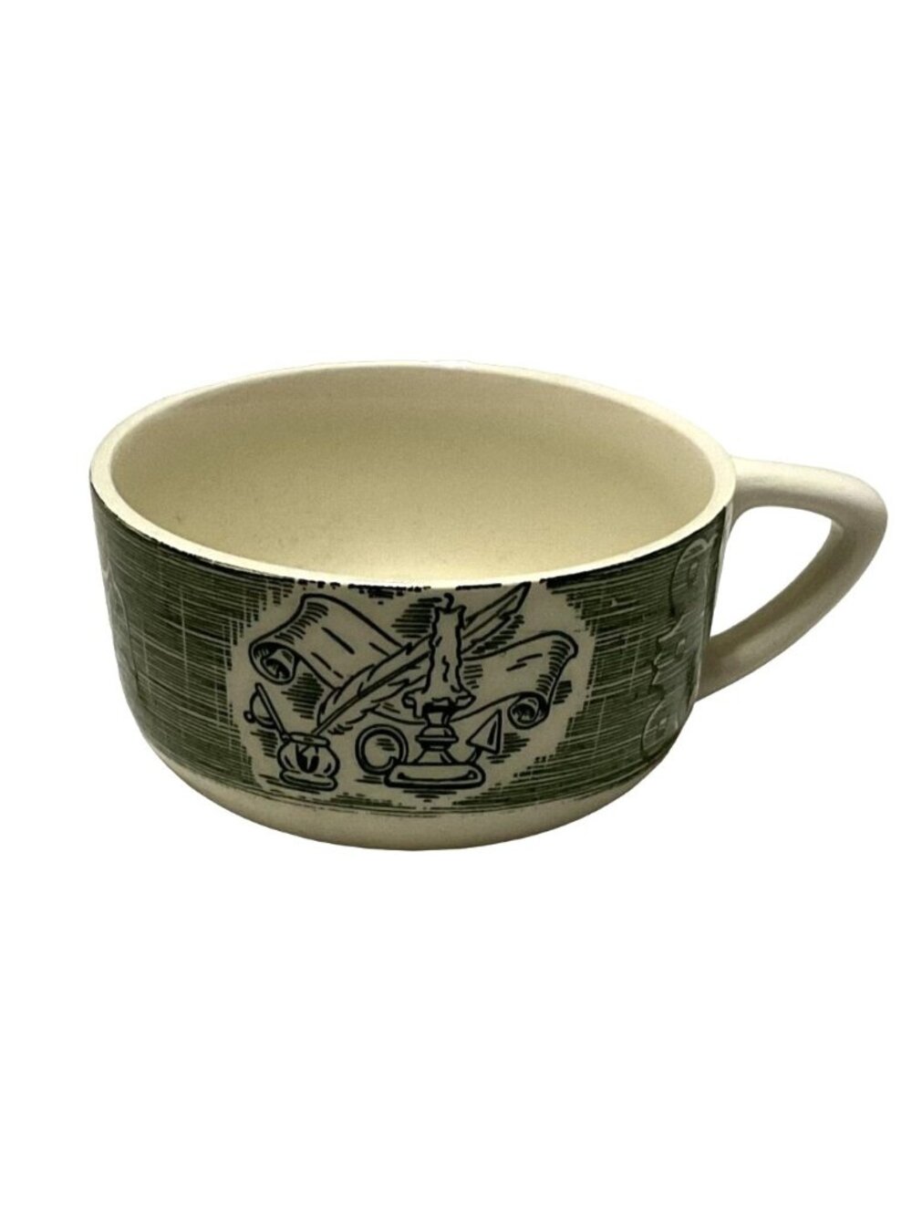 Vtg Old Curiosity Shop Coffee Tea Cup Green Transferware Feather Pen Pattern USA